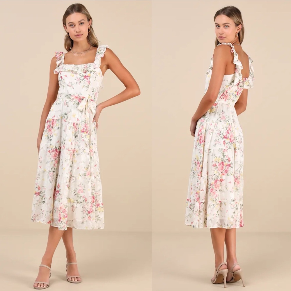 Lulus Shela Cottagecore Fairycore Ivory Floral Jacquard Tiered Midi Dress NEW - Picture 2 of 7